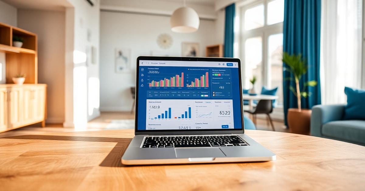 Laptop con dashboard di valutazione immobiliare gratuita su un tavolo in un appartamento italiano