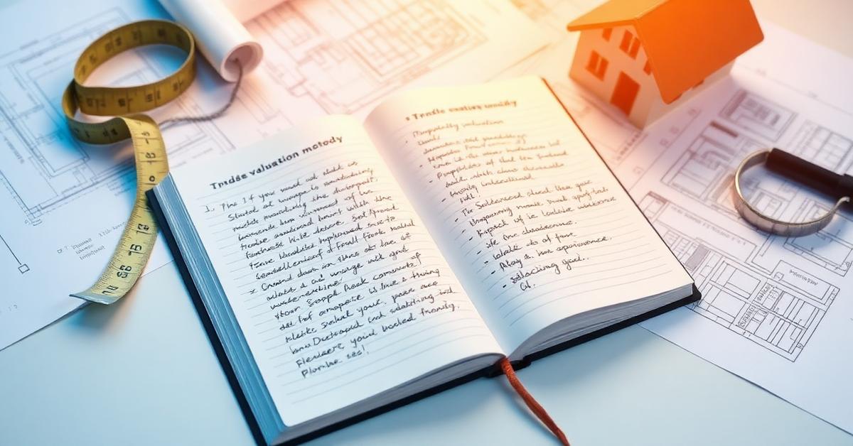 Quaderno con appunti sul metodo di valutazione immobiliare, planimetrie, metro a nastro e modellino di casa