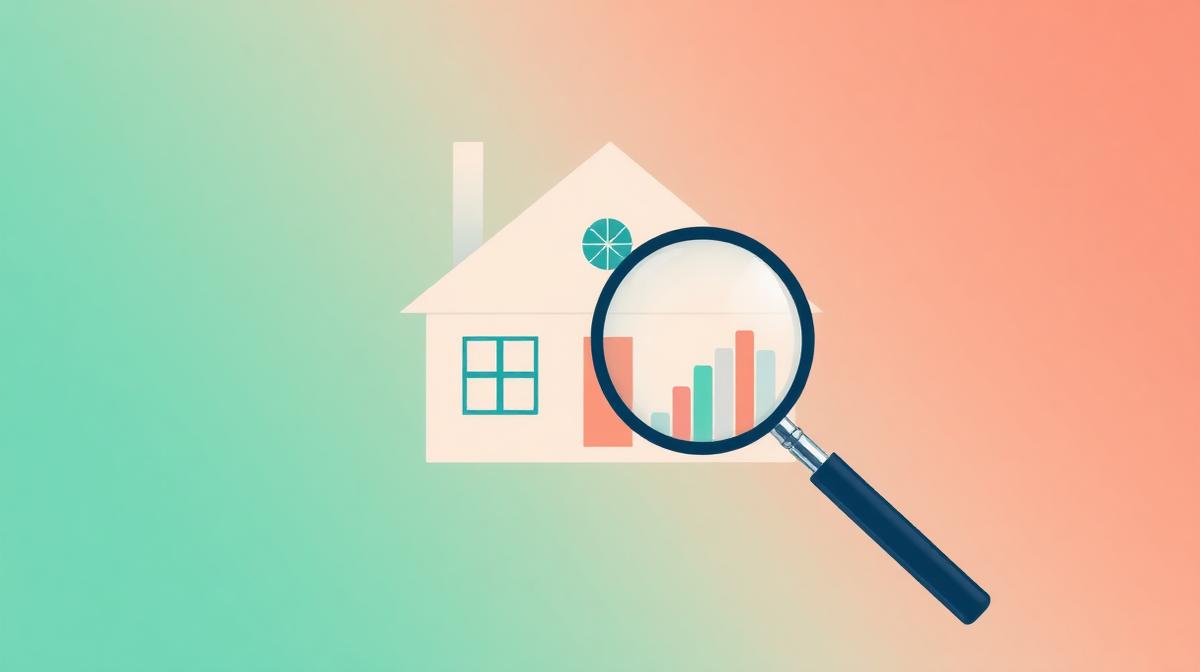Guida valutazione prezzo immobile con analisi dati e lente di ingrandimento su casa