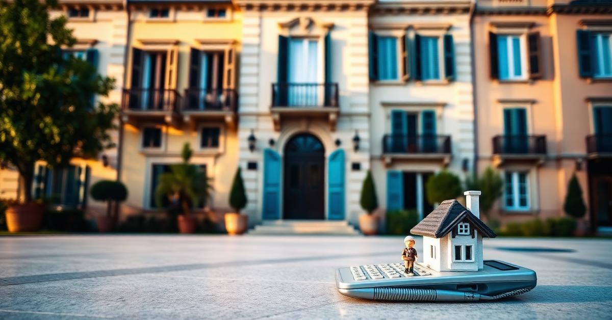 Facciata di palazzo italiano con calcolatrice e modellino di casa: simbolo della valutazione del valore di un immobile