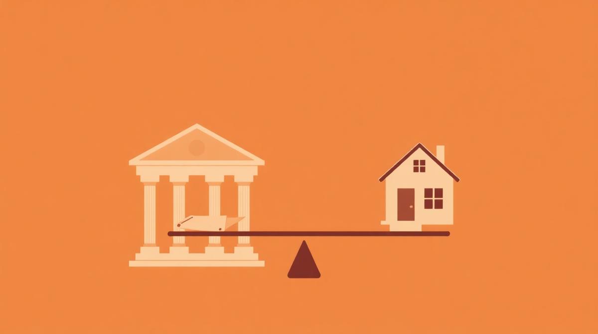 Illustrazione banca e casa su bilancia che confronta i valori
