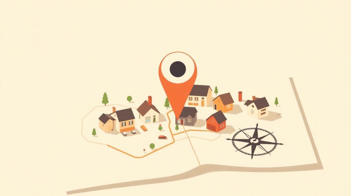 Illustrazione mappa con pin di localizzazione su quartiere residenziale e bussola